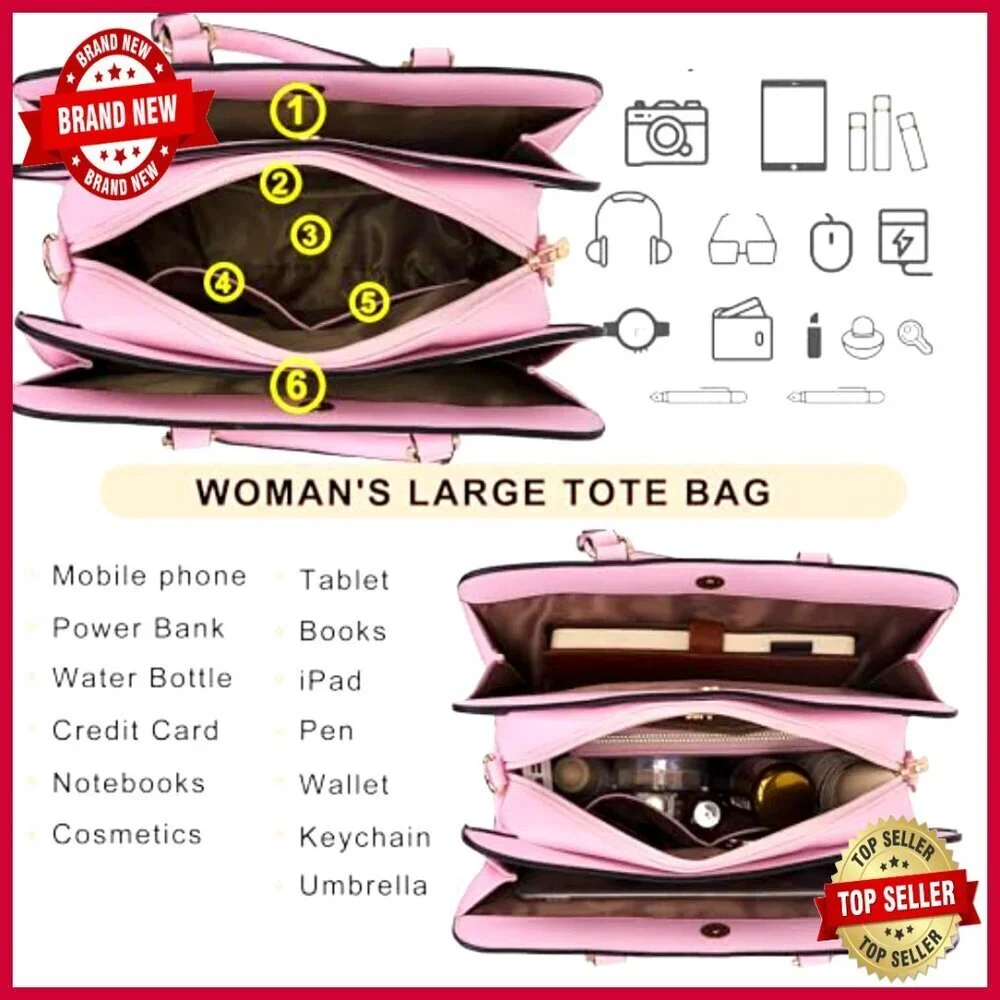 Large Tote with RFID Wallet Set, 3 Compartments, Adjustable Strap